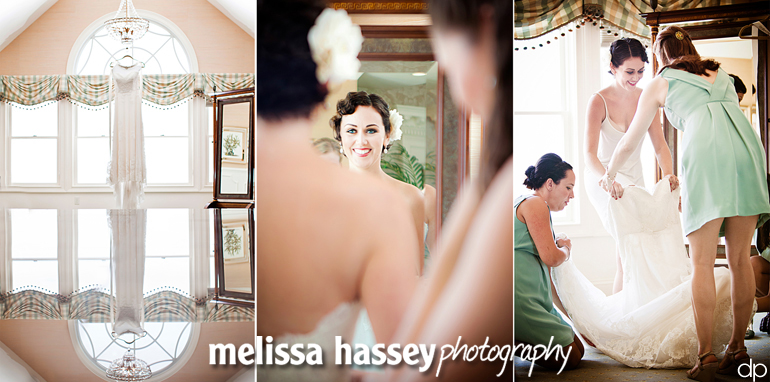 bride putting on dress